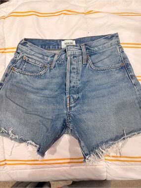 Agolde Light Blue High-Rise Frayed Hem Denim Shorts